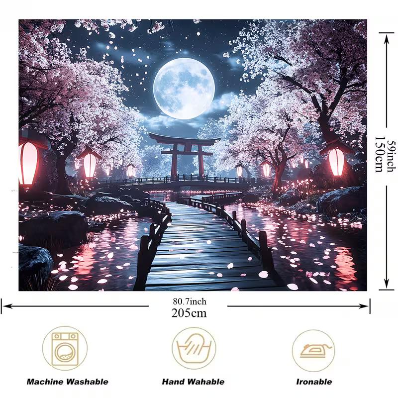 2D Magical Japanese Night Tapestry Cherry Blossom & Torii Gate Under Full Moon Wall Art