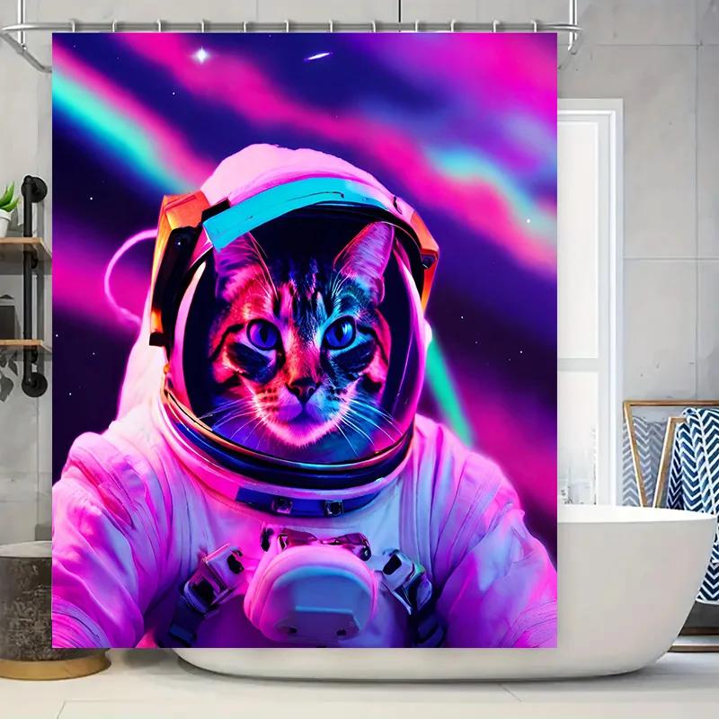 Space Explorer Cat Bath Mat Astronaut Shower Curtain Neon Purple Pink Blue Galaxy Space Decor for Bathroom Perfect Gift Ideas Fo W90XH180cm