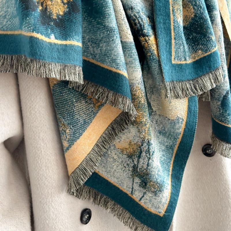 Vintage oil painting style flower short beard thickened double-sided scarf air-conditioned room shawl winter women's outer cape women