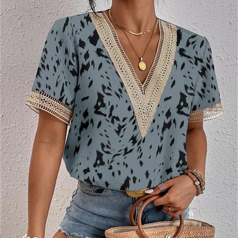 Sommer V-Ausschnitt Spitze Loose Print Damen Bluse Tops Stilvolle Bürodame Kurzarmshirt Damen Vintage Elegante Casual Blusen Damenbekleidung 24308
