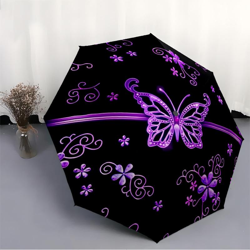 1pc Butterfly Purple Floral Art Automatic Folding Umbrella, 8-Rib Iron Frame, Casual Outdoor Accessory for Birthday Festival Gifts yy251128187