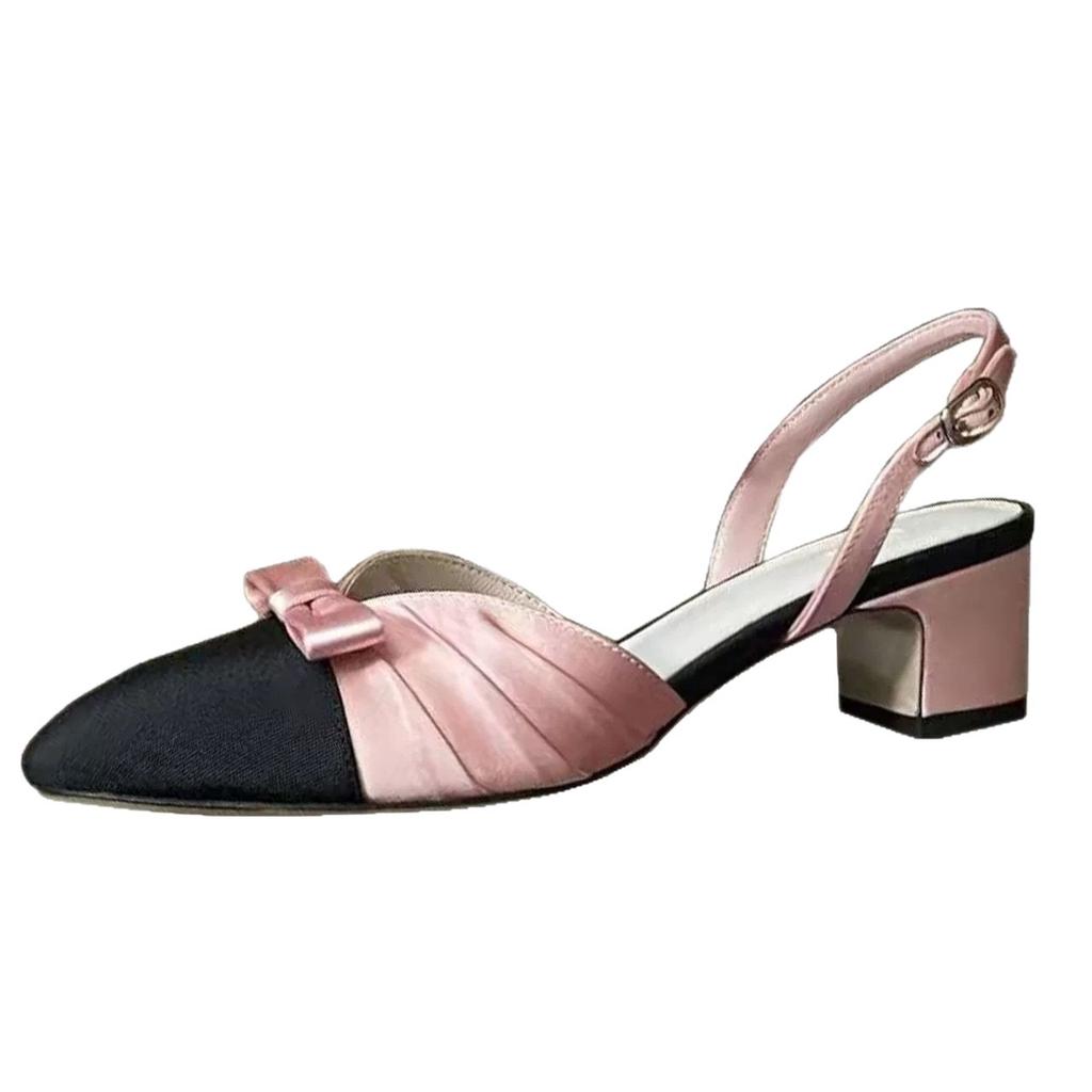 Sheepskin version~ French Xiaoxiangfeng bow bag head sandals thick heel back strap gentle temperament light mouth single shoes women