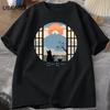 Coffee Cat In Mt Fuji T-shirt Men Women Round Neck Short Sleeves Tshirt Japanese Style Printed T-Shirt Cotton Oversized Tops