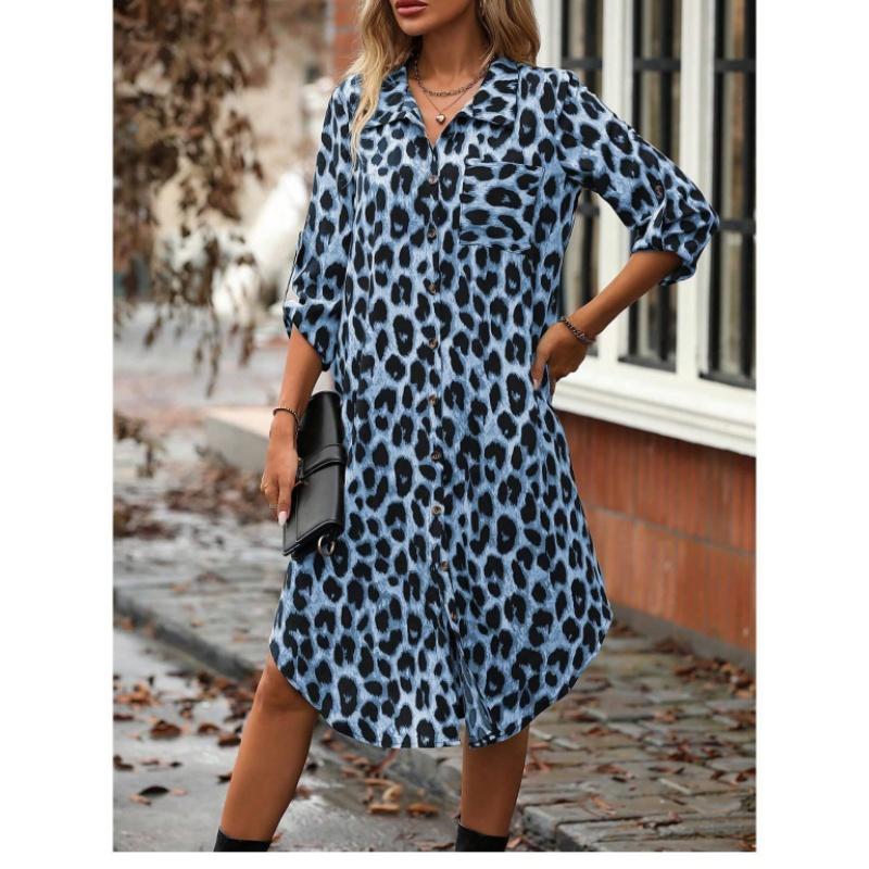 For Spring Fall Women's Elegant Leopard Print Shirt Dress with Button Front and Roll Up Sleeve