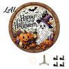 Vintage Owl Black Cat Ornaments Halloween Round Puzzle Sign Witch Skull Wooden Decor with Stable Base Decorative Stand Spooky Tabletop Ornament for