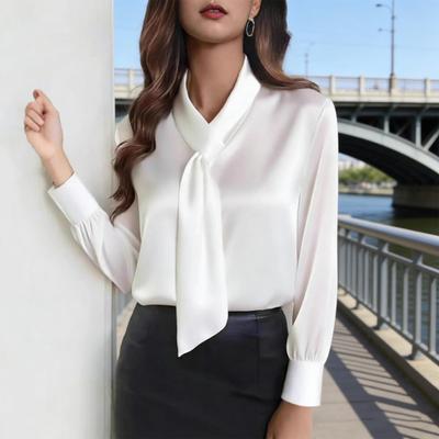 Women Shirt Ribbon V-Neck Long Sleeve Satin Texture Blouse Breathable Regular Fit Casual Work Party Dress Tops