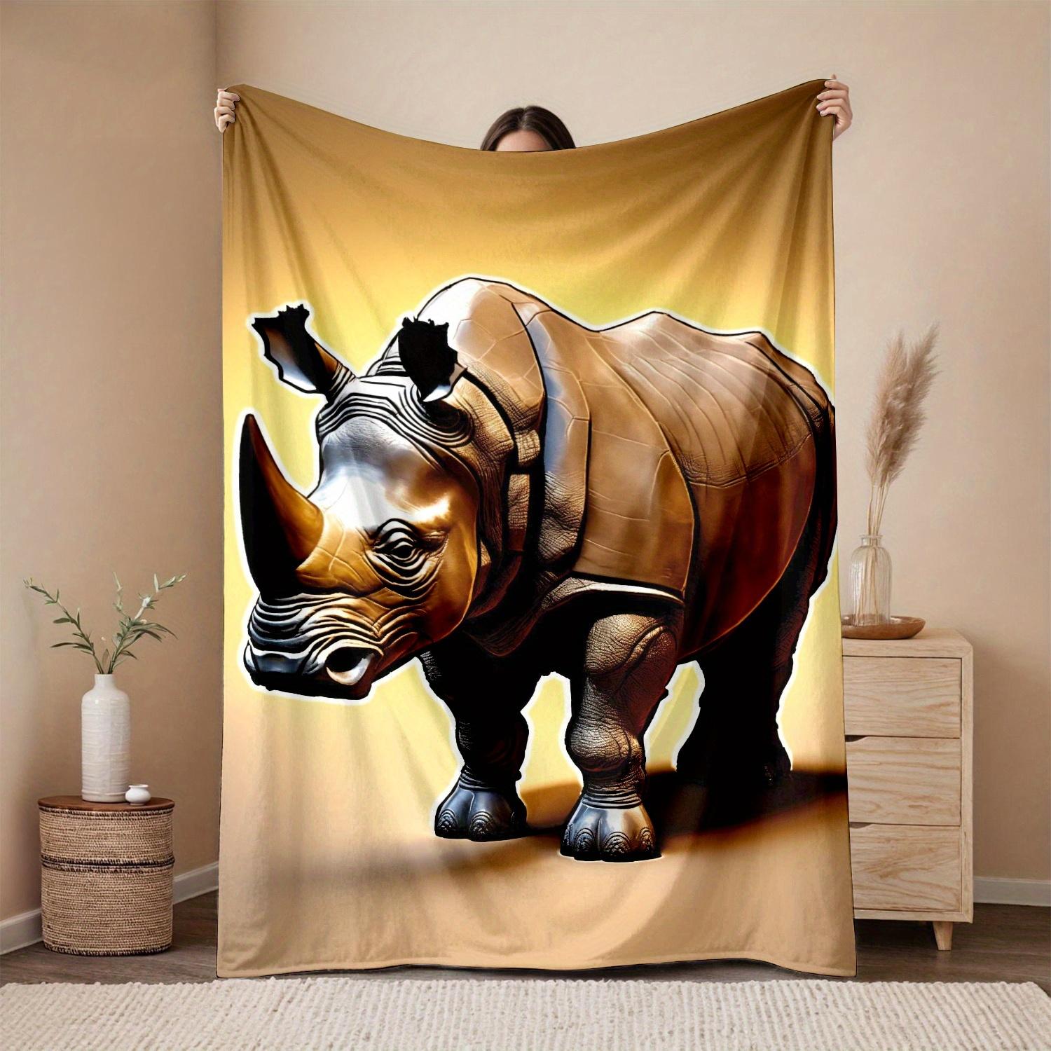Rhino Flannel Blanket - Soft Plush All-Season Luxury Throw, Machine Washable & Golden Rhino Graphic Design, Durable 75X95CM