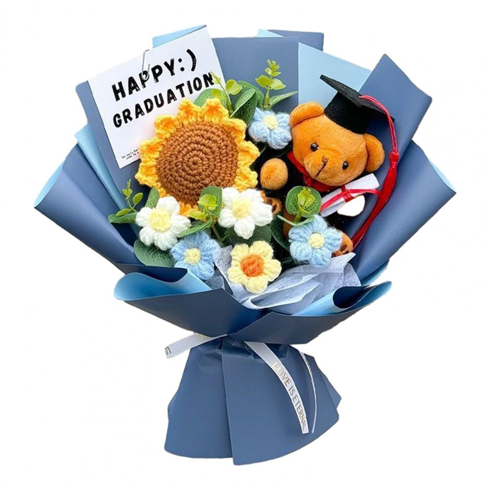 Crochet Bouquet Woven Flower Bouquet Handmade Crochet Flower Bouquet Knitted Artificial Sunflower Puff Plush Bear Graduation синий