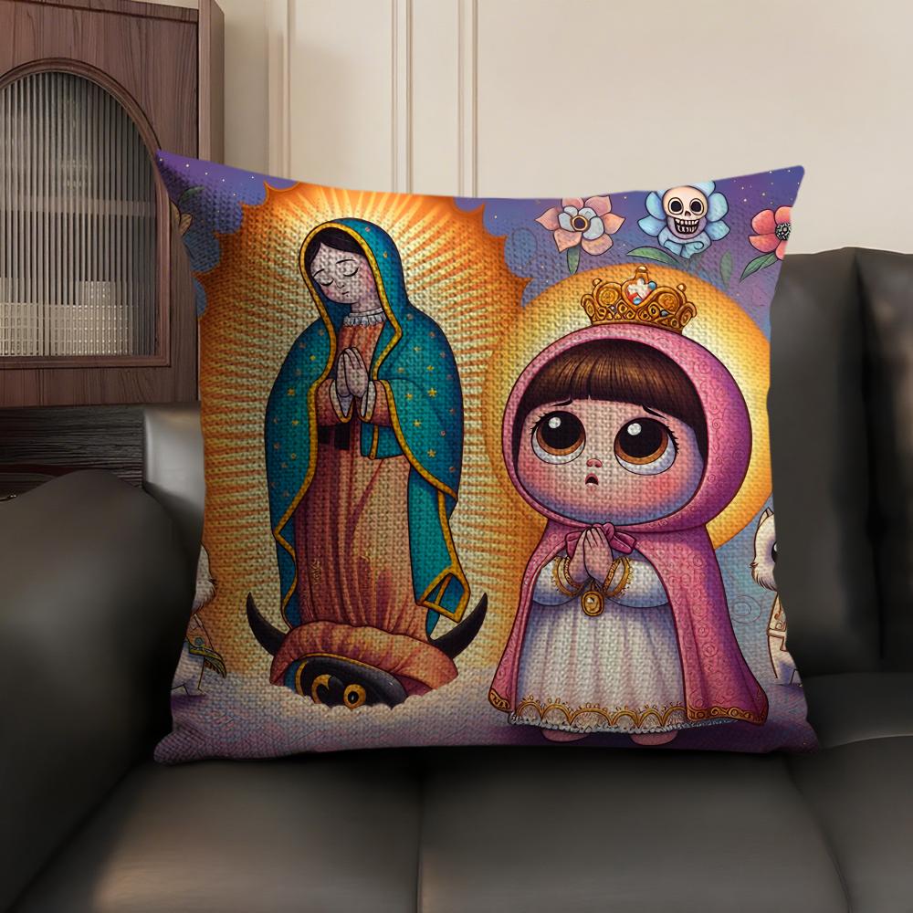 Virgin Mary Art CUTE Cushion Cover Natural Linen Organic Fabric DoubleSided Printing Sofa Home Decor Gift Pillow Case