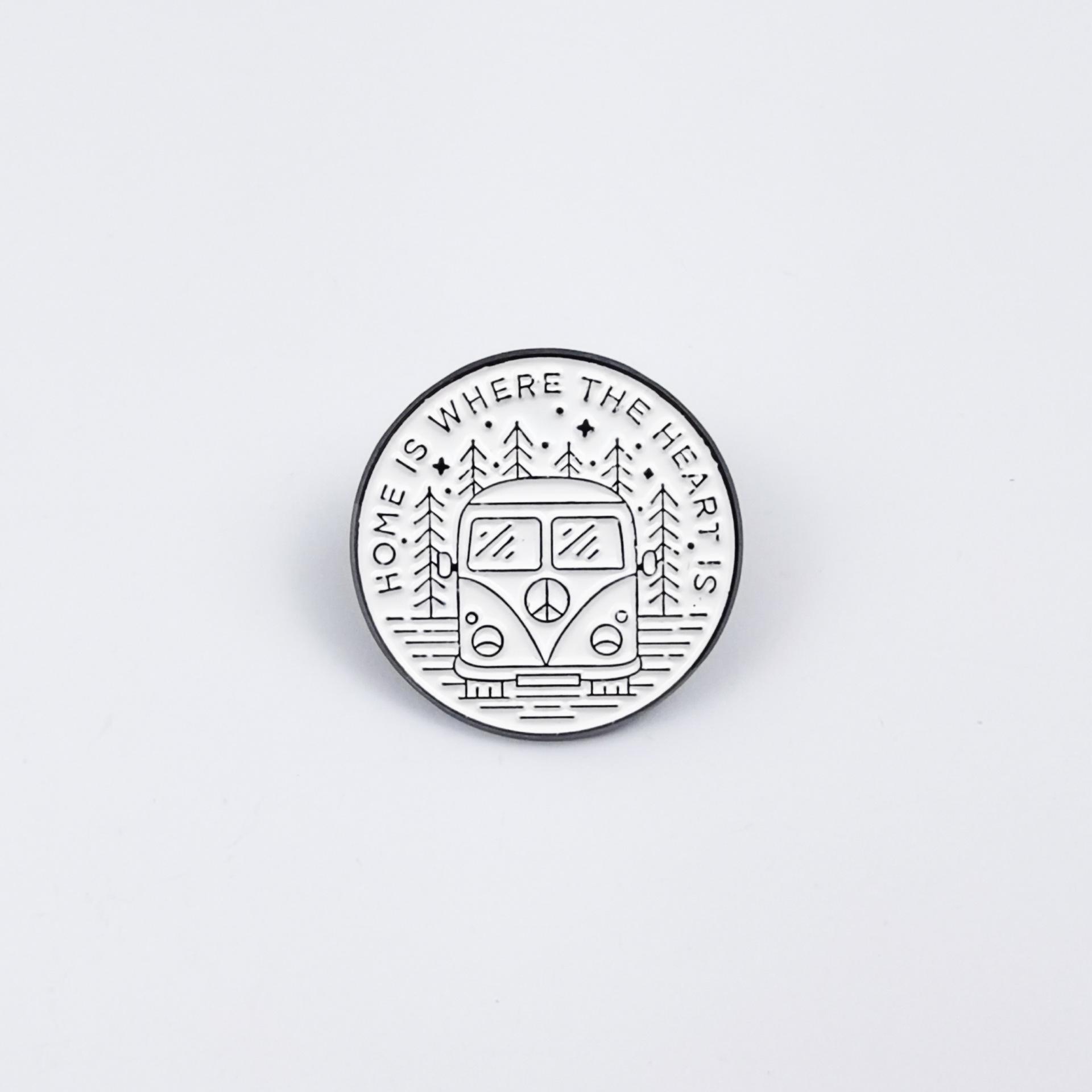 Creative Black & White Cartoon Landscape Brooch - Round Metal Badge for Versatile Backpack Decoration