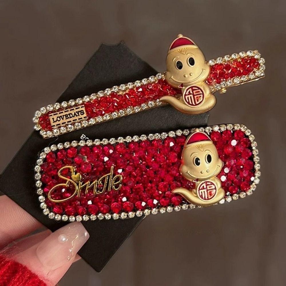 New Year Headwear Red Rhinestone Hairpin Animal Zodiac Dragon Hair Clip Creative   Daily