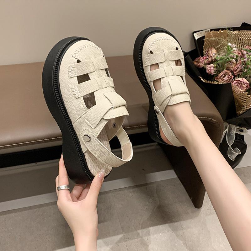 Thick-soled Two-wear Hollowed-out Baotou Sandals for Women's 2025 Summer New Hole Pig Cage Mori Roman Half Slippers Outside