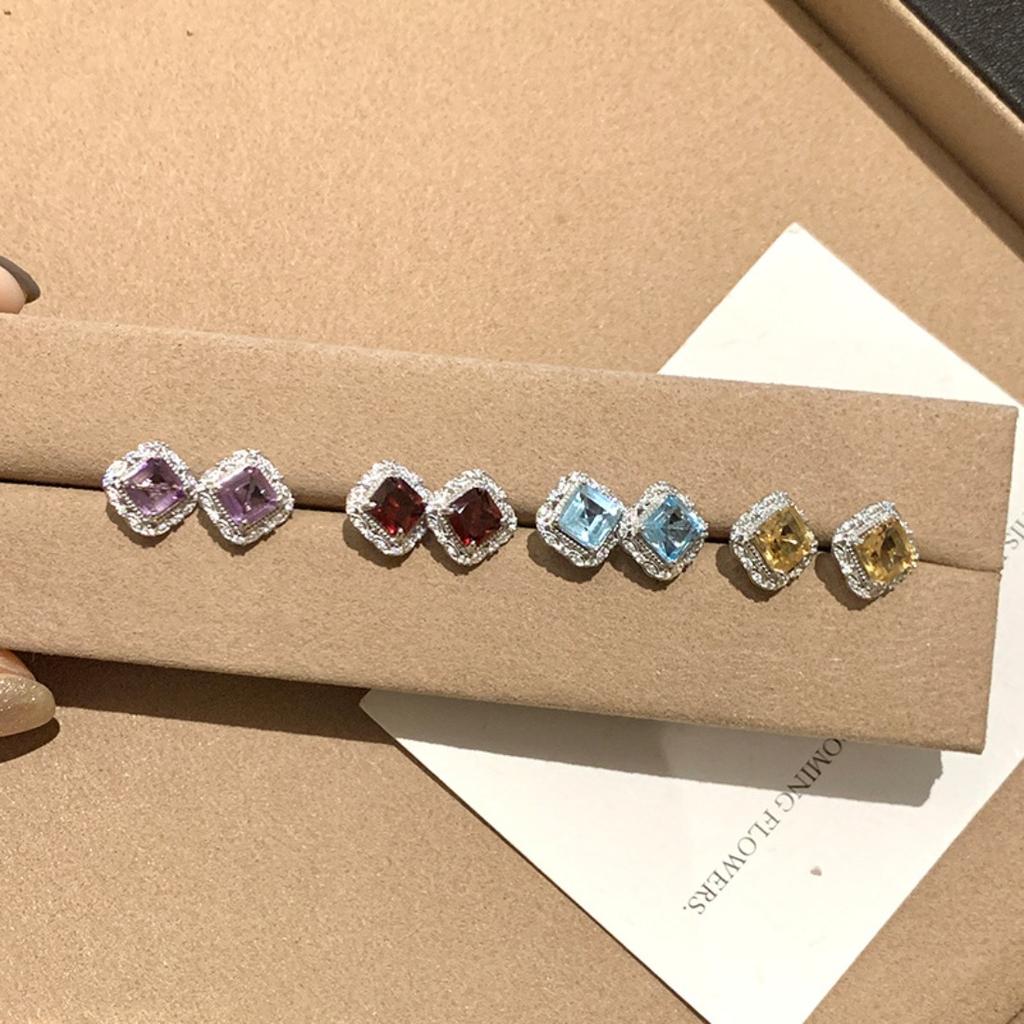 Viral Princess Cut Crystal Earrings, S925 Silver Garnet Studs, Trendy Jewelry