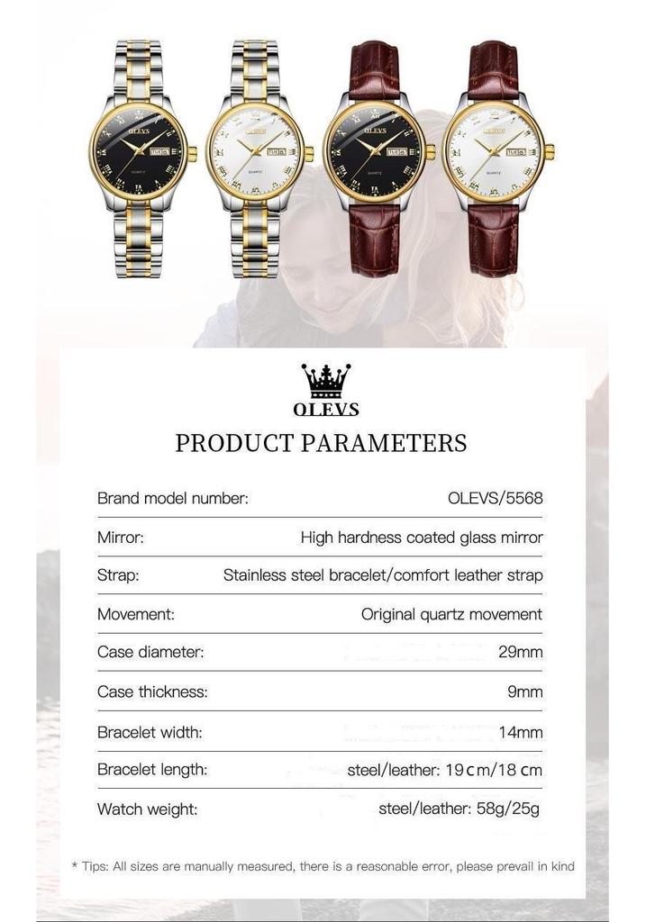 OLEVS 5568 Luxury Quartz Watch for Woman Luminous Date Week Waterproof Steel Strap Original Fashion Ladies Wristwatches