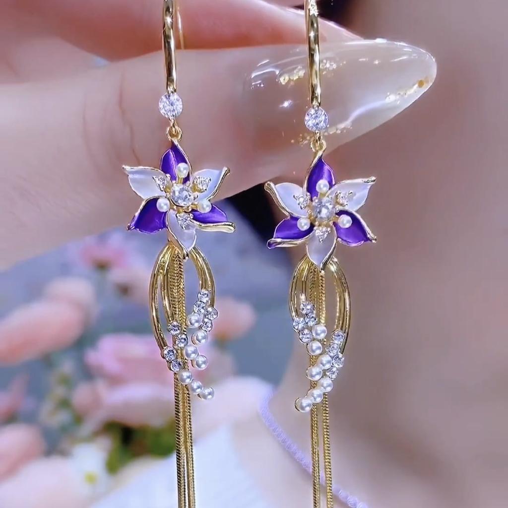 Purple Flower Long Earrings, New Fashionable Tassel Earrings, High-end Pearl Earrings, Light Luxury