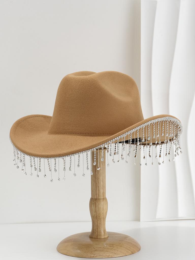 Women's Bridal Rhinestone Tassel Cowboy Hat Bachelorette Party Photo Prop Felt Hat White Party Hat for Bridesmaid Gift