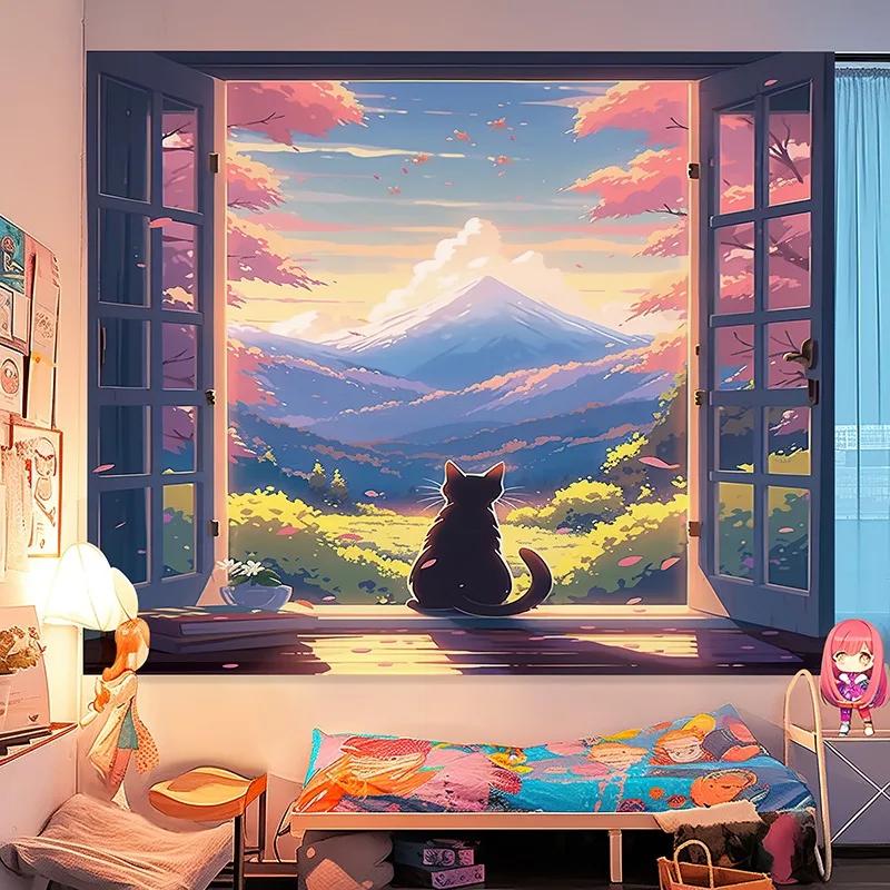 

Charming Anime Window View Tapestry Scenic Landscape Design Ideal for Bedroom or Living Room DecorLarge Wall Hanging Artwork 74x94cm(29x37in)