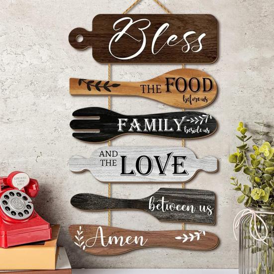 Wooden Kitchen Quote Sign Rustic Hanging for Wall Decor, Cutlery Design Home Art with Inspirational Family Slogan & Lanyard Farmhouse Decoration Solid