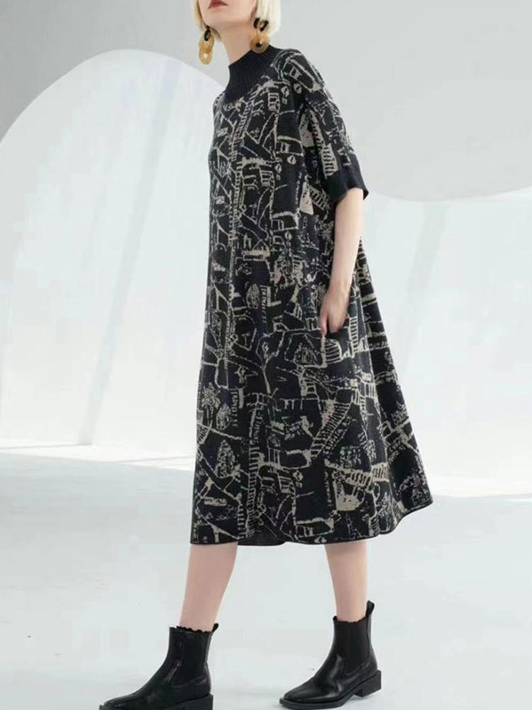 

XITAO вязаное повседневное платье женское корейское осеннее новое индивидуальное модное свободное вязаное платье с коротким рукавом и половиной высокого воротника WLD8785