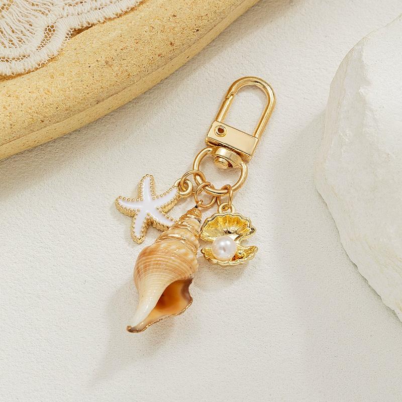 1PC Key Ring Bohemia Tassel Pendant Gold Color Starfish Conch Exquisite Pearl Shell Bag Ornaments Keyrings