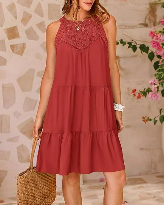 European-American Women's Lace Patchwork Halter A-Line Dress - Spring/Summer 2025 Collection