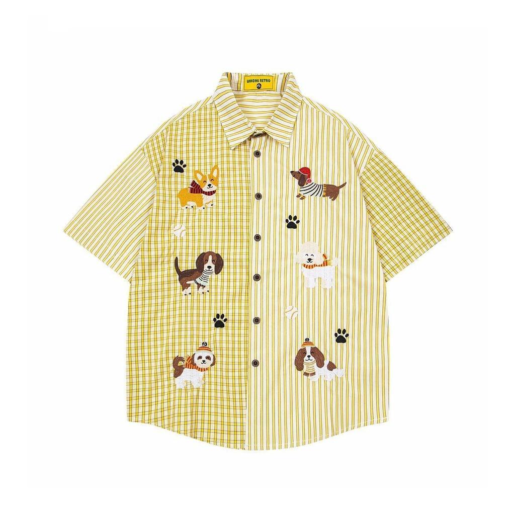 Dog Embroidered Striped Women's Shirt Contrasting Short Sleeve Lapel Top Single Breasted Loose Versatile Summer Clothing