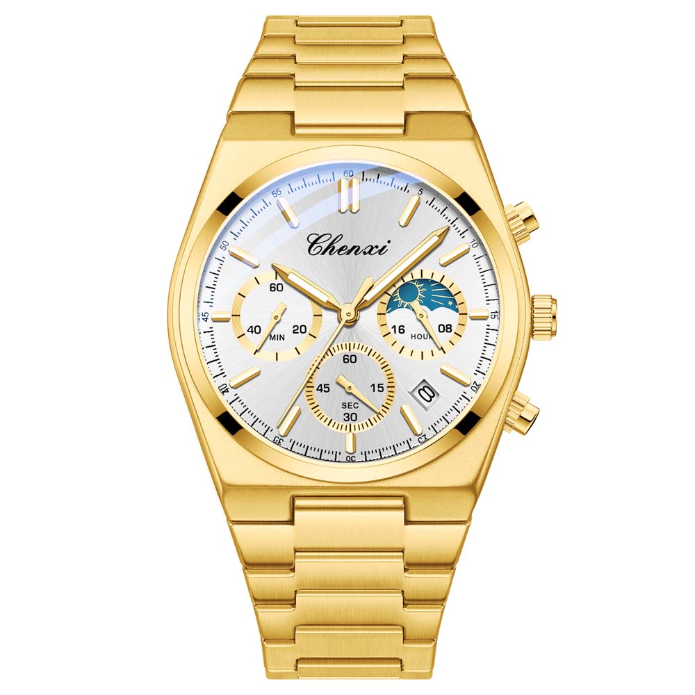 CHENXI Men's Multifunctional Wristwatch Calendar Moon Phase Chronograph Stylish Luminous Waterproof Men's Quartz Watch