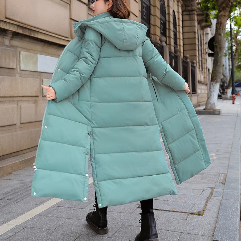 Lange Overknee-Daunenjacke aus Baumwolle mit Kapuze für Damen, Winterjacke, dicke, warme, einfarbige, lässige, schmale Baumwolljacke