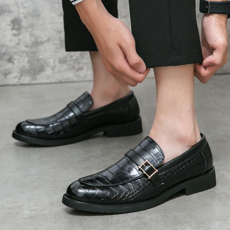 Men's Large Size Autumn Slip-on Leather Shoes, British Style Pointed Toe with Buckle