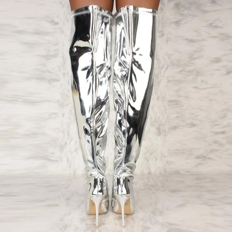 Women Boots Mirror Platform Pointy Toe Punk High Thin Heels Over The Knee Long Boots Autumn Winter Zip Silver Casual Party Shoes