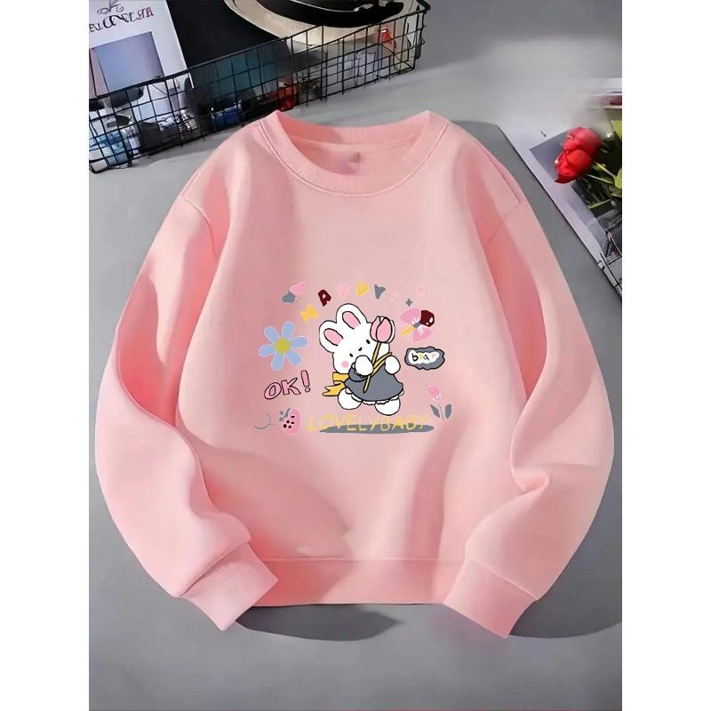 Crewneck Sweatshirt for Girls Featuring an Adorable Rabbit with a Flower, Suitable for Machine Washing. Perfect for Spring And Autumn