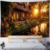 Forest wooden house tapestry landscape wall hanging, bedroom living room cartoon wall background poster, home art decoration