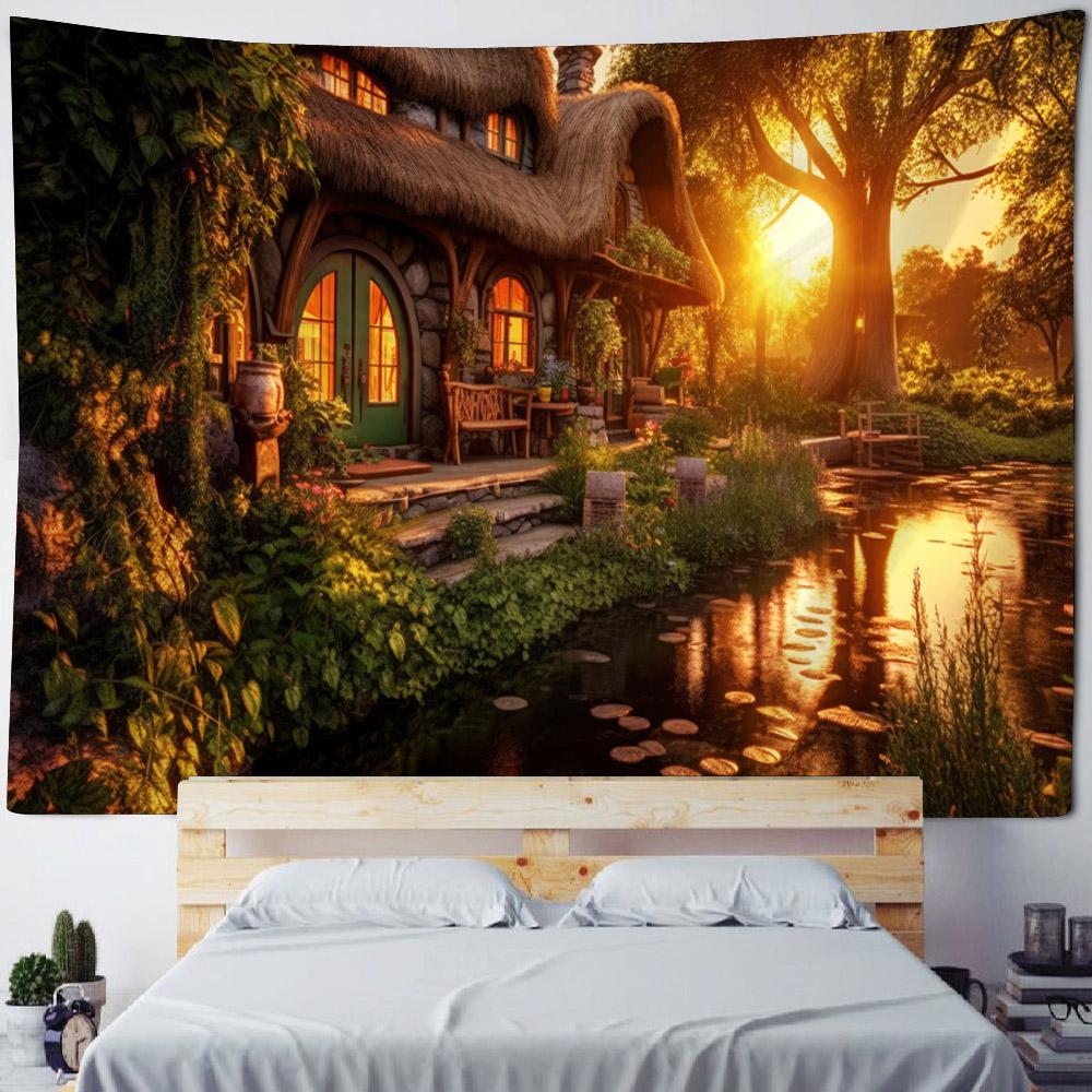 Forest wooden house tapestry landscape wall hanging, bedroom living room cartoon wall background poster, home art decoration