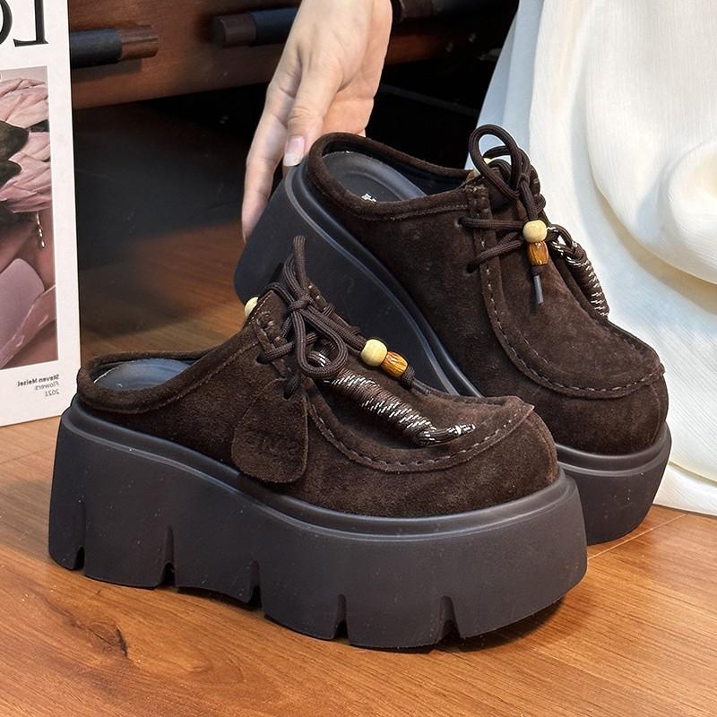 Retro Matte Cowhide Muffin Thick-soled Bag Head Boken Half Slippers Women's 2025 New Small Heightening Loafers