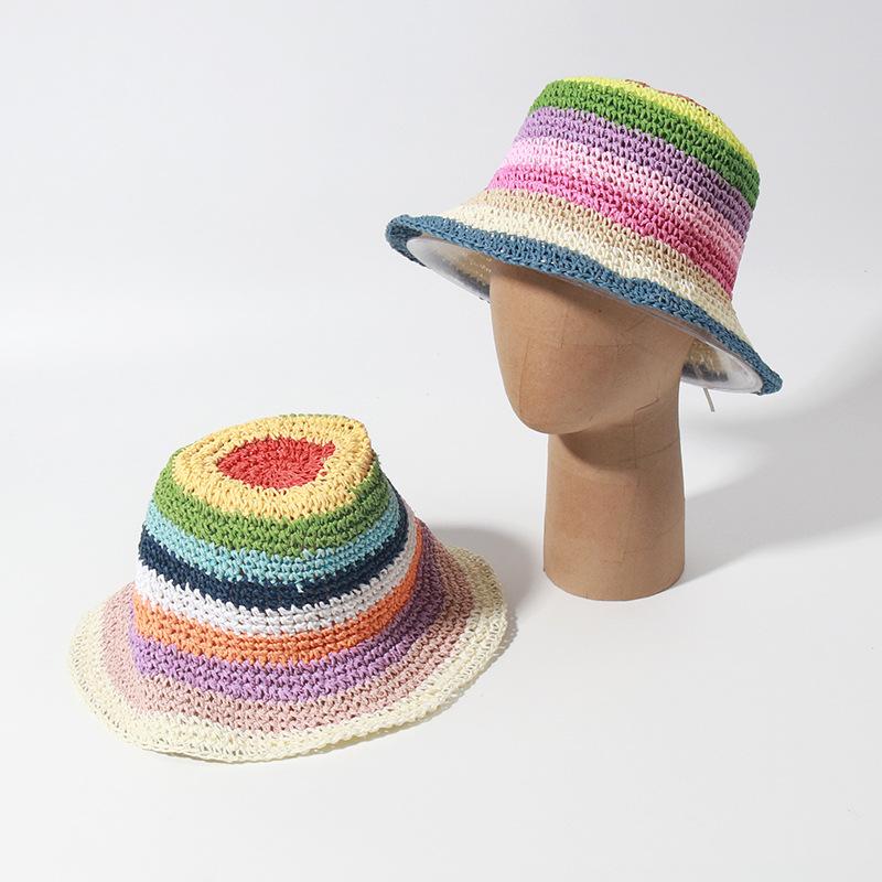 Hand Crocheted Rainbow Circle Bucket Hat Women's Striped Sun Hat Day Pot Hat Spring and Summer New Straw Hat Foldable