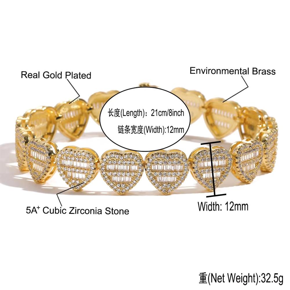 12mm Iced Out Round and Baguette CZ Heart Bracelet Hip Hop Couple Jewelry for Women Men Valentine's Day Gift