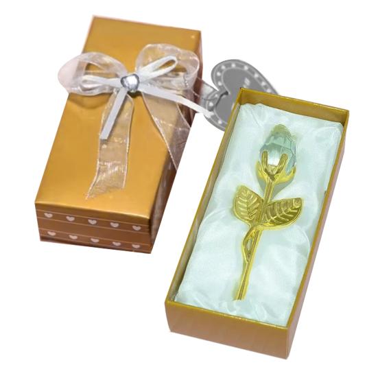 Faux Crystal Rose Flower Gift with Metal Stem Clear Flower Figurine with Gift Box