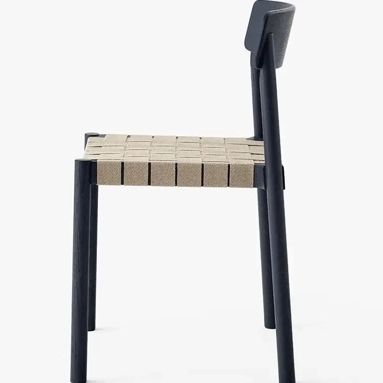 Nordic Strap Dining Chair Home Coffee Chair Tilting Line Back Can Be Stacked Leisure Rope Braided Solid Wood Chair Ins Wind