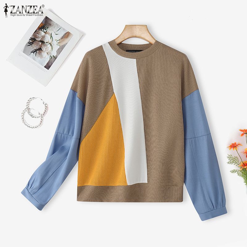 ZANZEA Women Casual Round Neck Long Sleeve Loose Patchwork Pullover Sweatshirt