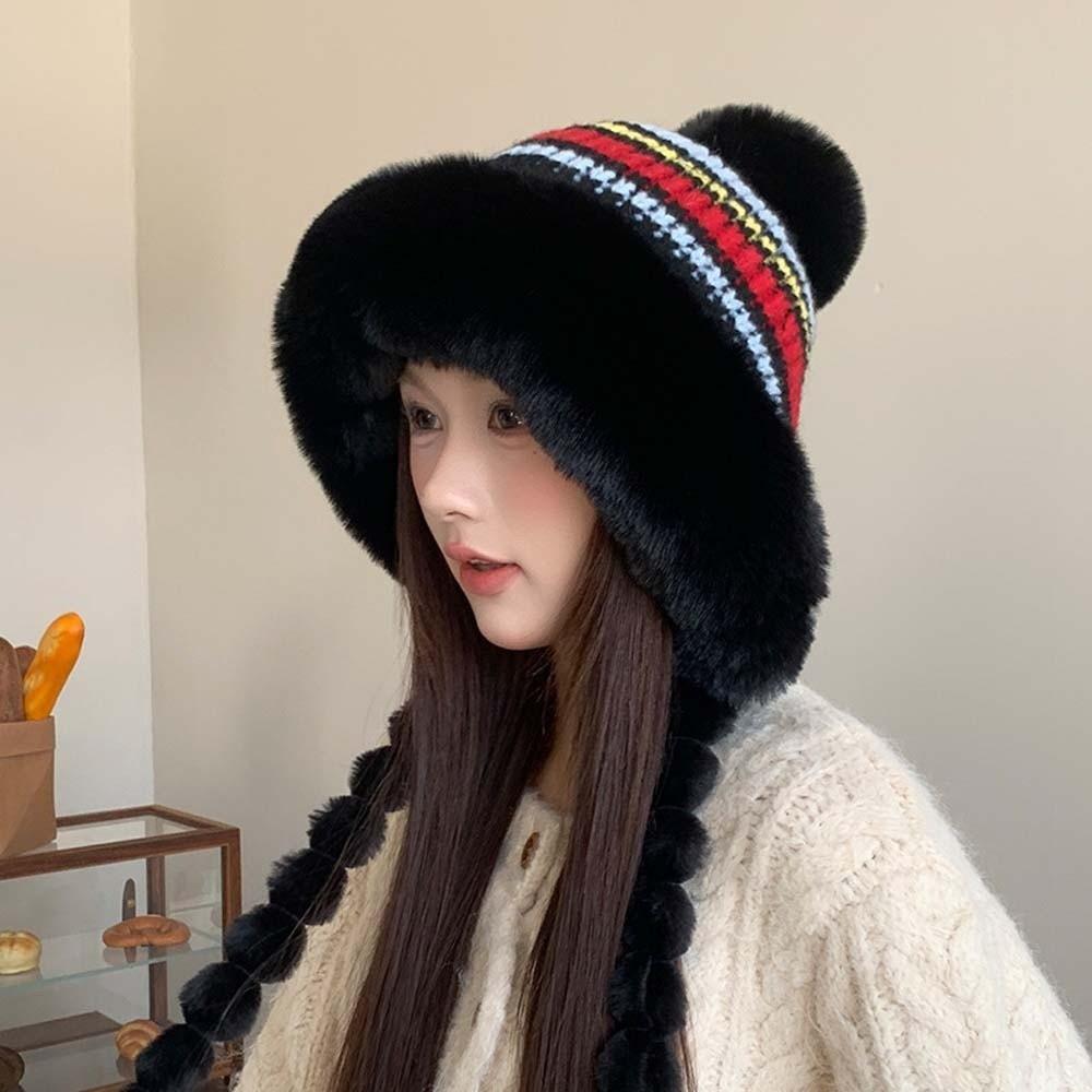 Fur Brim Pompom Braids Hat Striped Knit Earflap Winter Cap Fleece Knit Beanie Teens