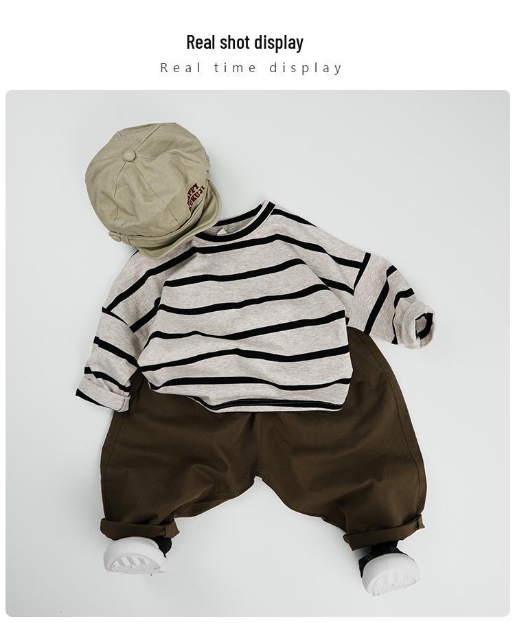 T-shirt a righe in cotone unisex per bambini coreani - Casual Primavera/Autunno Girocollo