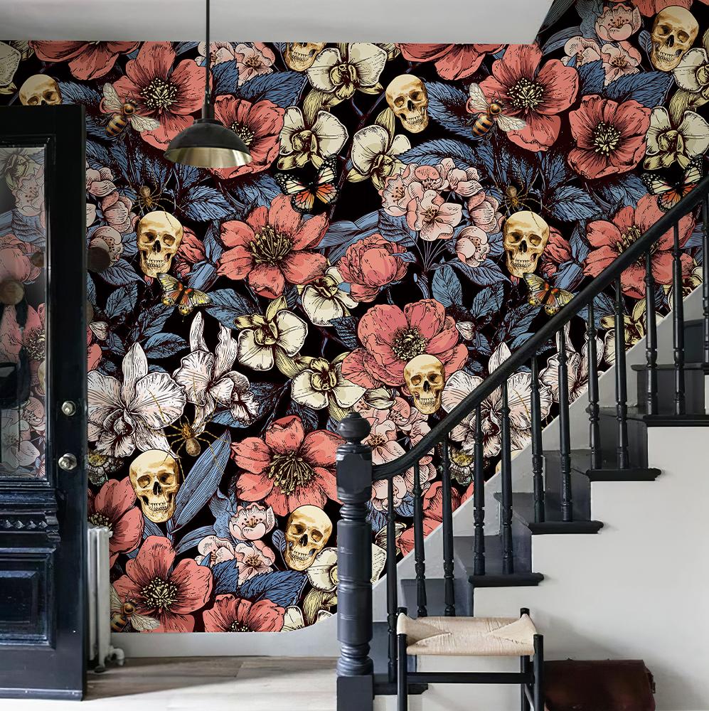 Pink Floral Skull Vinyl Wallpaper Peel And Stick Waterproof Flower Skull Cabinet Sticker Chic Halloween Festival Wall Decor