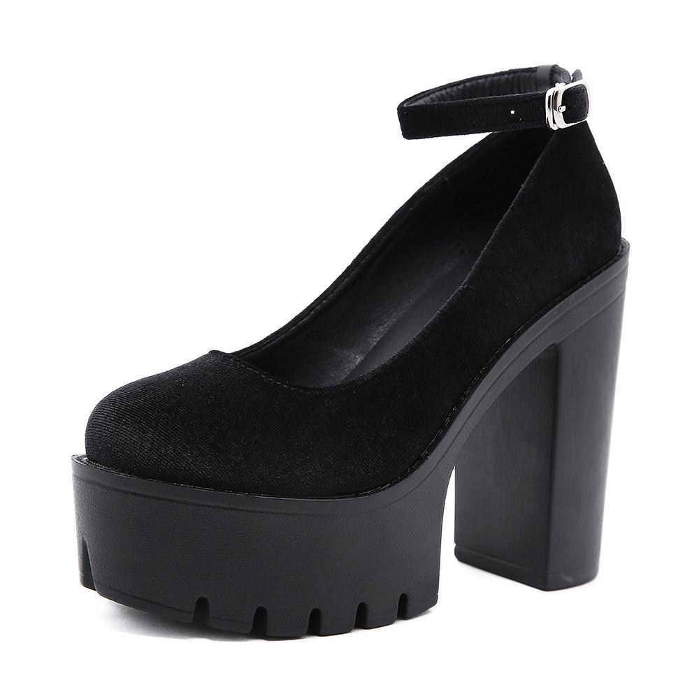 Gdgydh Women's Block Heeled Platform Shoes Round Closed Toe Ankle Buckle Strap High Heels for Party Solid Color Pumps