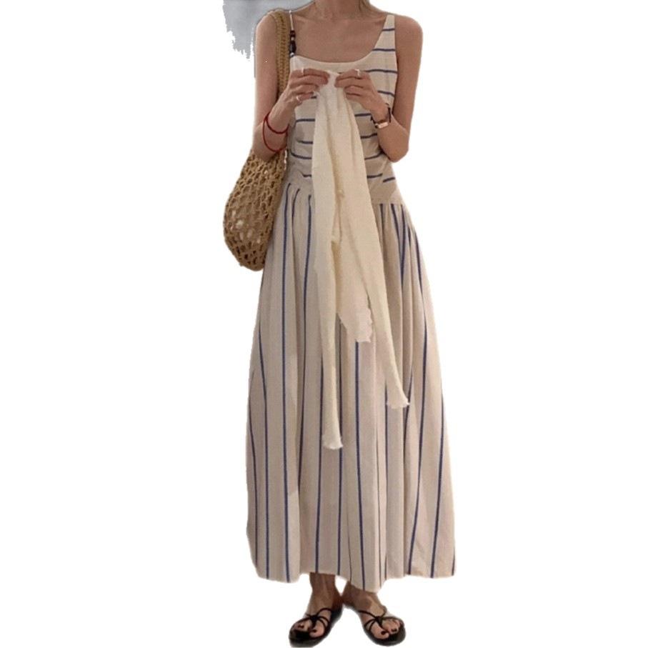 Blue striped suspender dress children summer seaside vacation irregular hollow splicing waist vest long dress