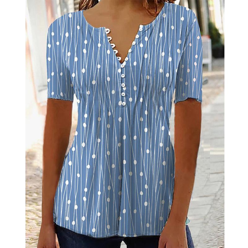 Chemise à manches courtes imprimée à col en V pour femmes, Blouses décontractées