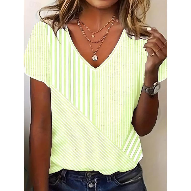 Women's T Shirt Striped Stylish Casual Short Sleeve V Neck Regular Tops Daily Print Pink Summer Spring