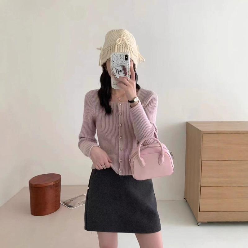 Design Sense Square Neck Pit Strip Long Sleeve Knitted Sweater Button Cardigan Age Reducing Small Jacket Women