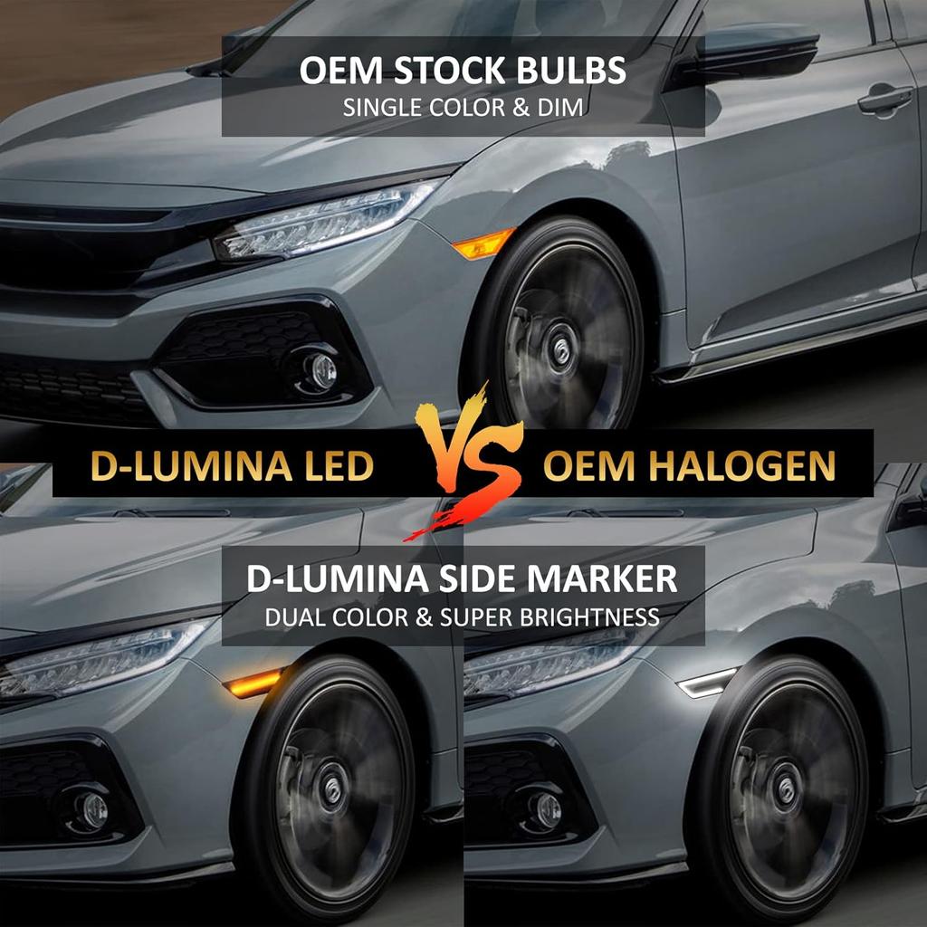D-Lumina Switchback LED Side Marker Lights for 2016-2021 Honda Civic 10th Gen Civic Coupe Hatchback Sedan Type R Smoked Lens Front Bumper Side