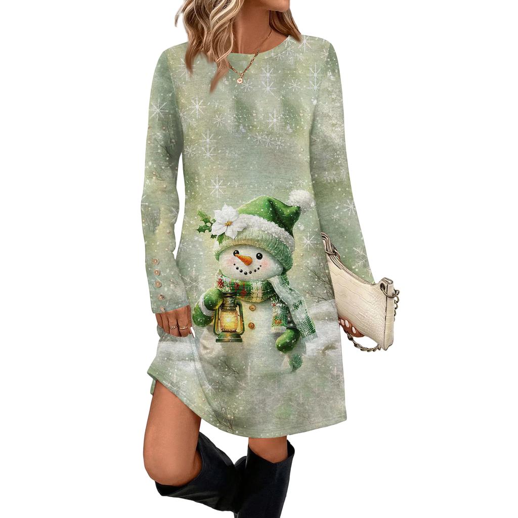 Women's Fashion Casual Dress With Pockets, Decorative Buttons, Christmas Prints, Round Neck And Long Sleeves