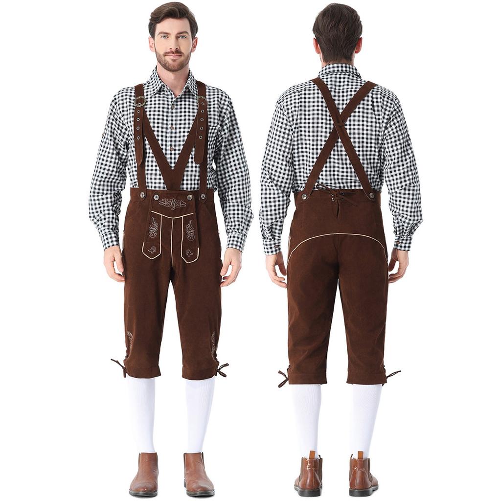 Men's German Bavarian Oktoberfest Costume Set Long Sleeve Plaid Shirt with Suspenders Pants, 2-Piece Outfit